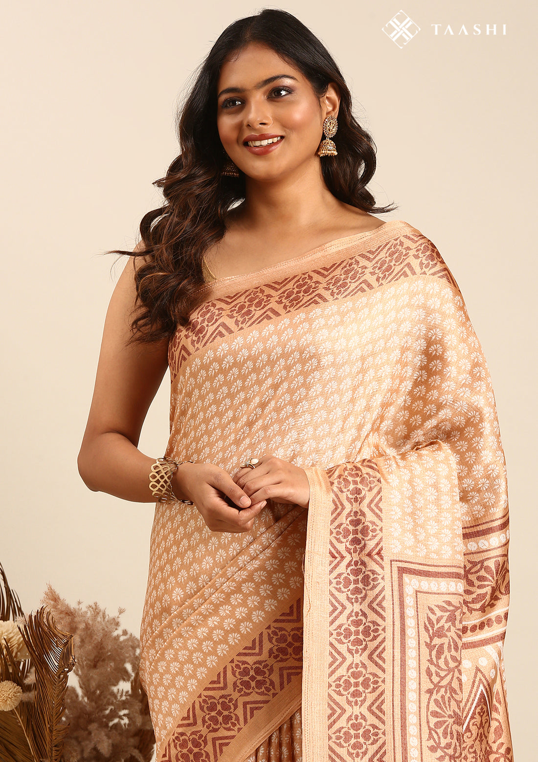 Pastel Brown Butti Printed Art Tussar Matka Silk Saree
