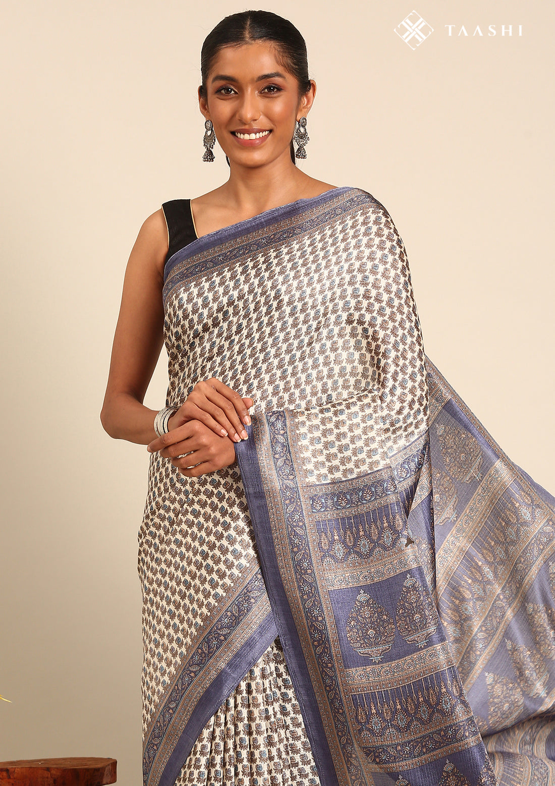 Cream And Blue A/O Floral Printed Art Tussar Matka Silk Saree