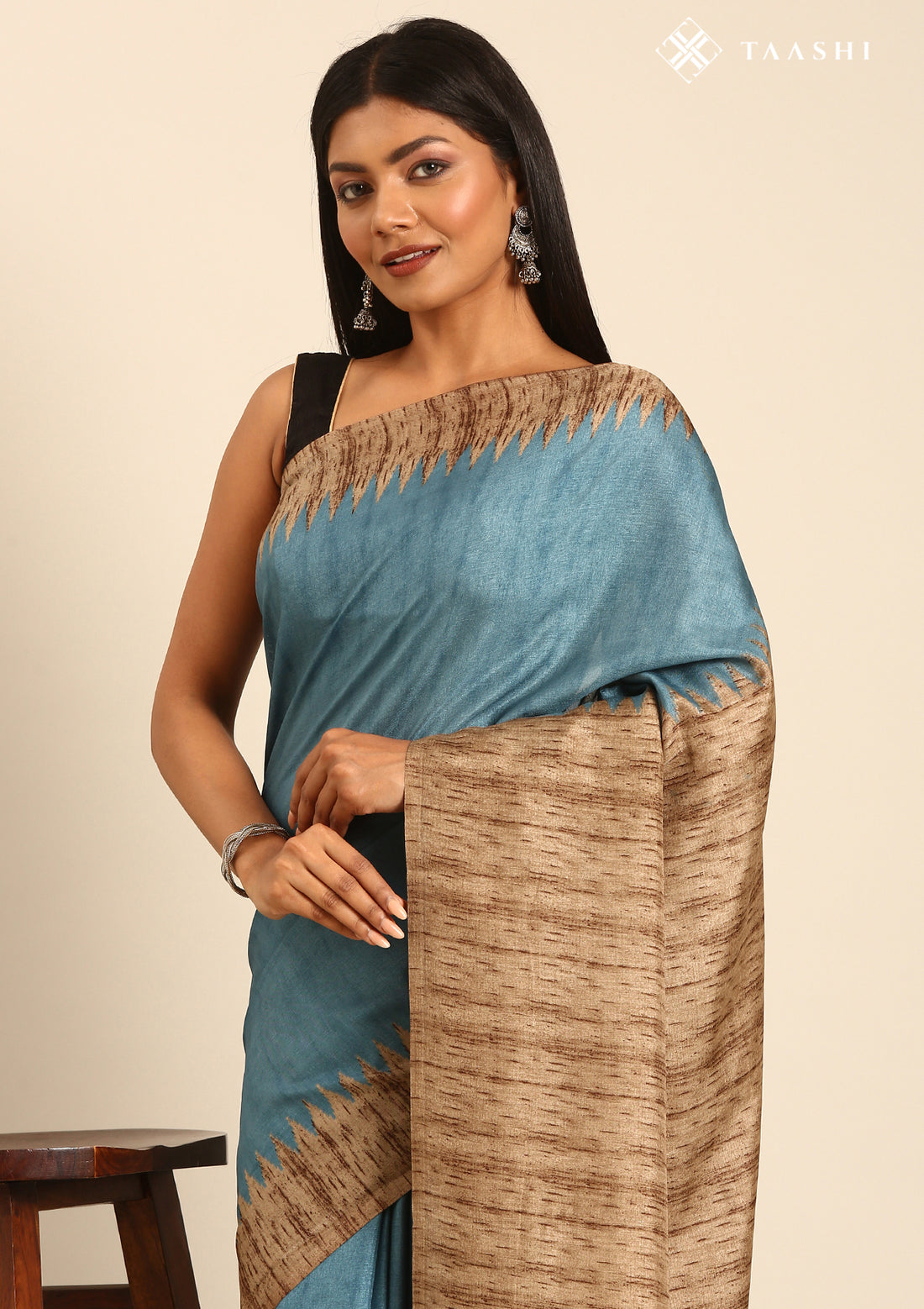 Blue Temple Border Printed Tussar Saree