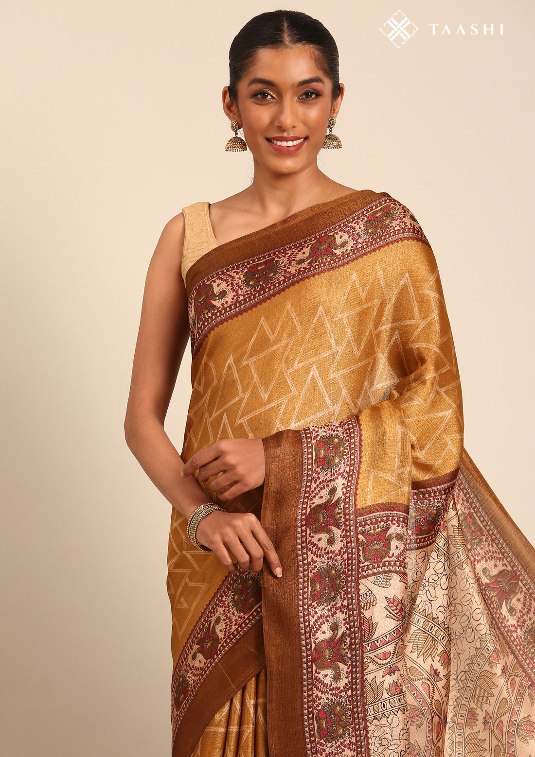 Mustard Geometric Printed Tussar Saree