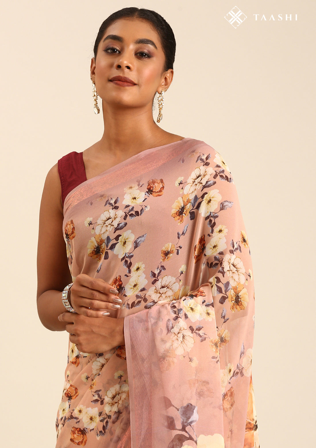 Beige Floral Printed Georgette Saree