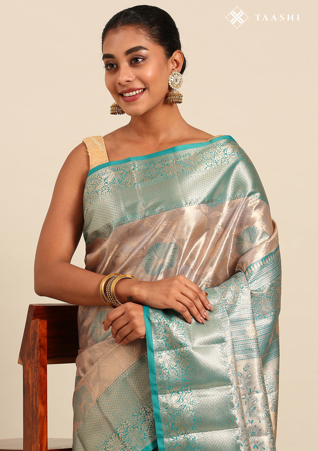 Copper and Teal Floral Pattern Tissue Brocade Kanchipuram Saree