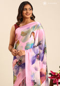 Pink Watercolor Floral Digital Printed Satin Saree - Taashi