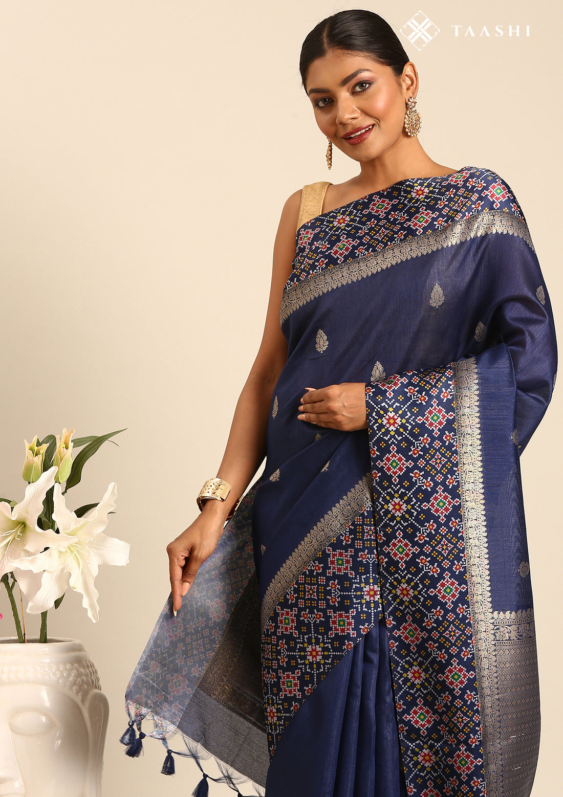 Navy Blue Ikat Pattern And Tradition Pattern Woven Tussar Saree