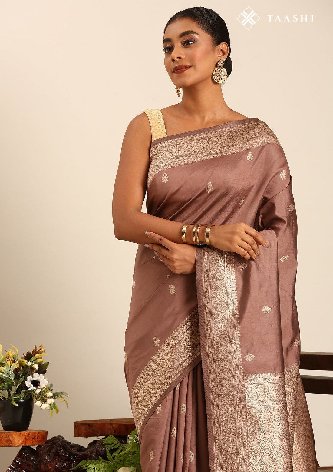 Taupe Brown Silk Satin Weave Saree