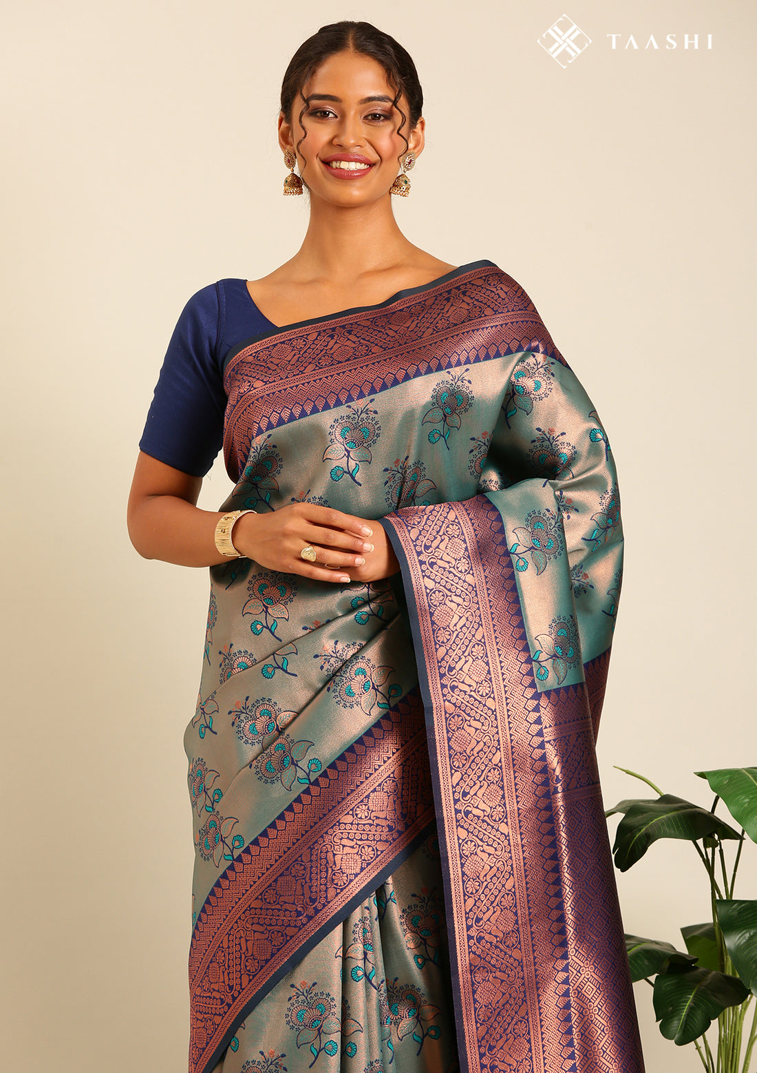 Green Saree With Gold Floral