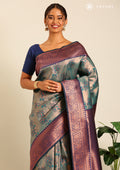 Emerald Green Floral Tissue Brocade Silk Saree - Taashi
