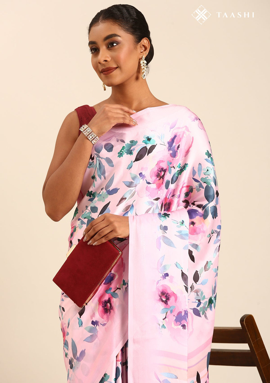 Pastel Pink Satin Contemporary Printed Saree