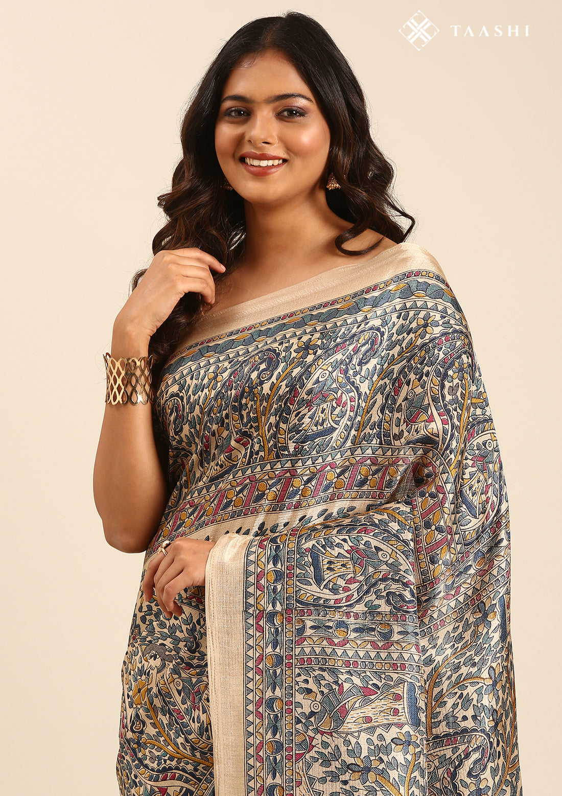 Tussar X Blue Madhubani Printed Art Tussar Matka Silk Saree