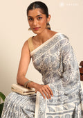 Cream And Grey Stylised A/O Paisley Pattern Linen Saree - Taashi