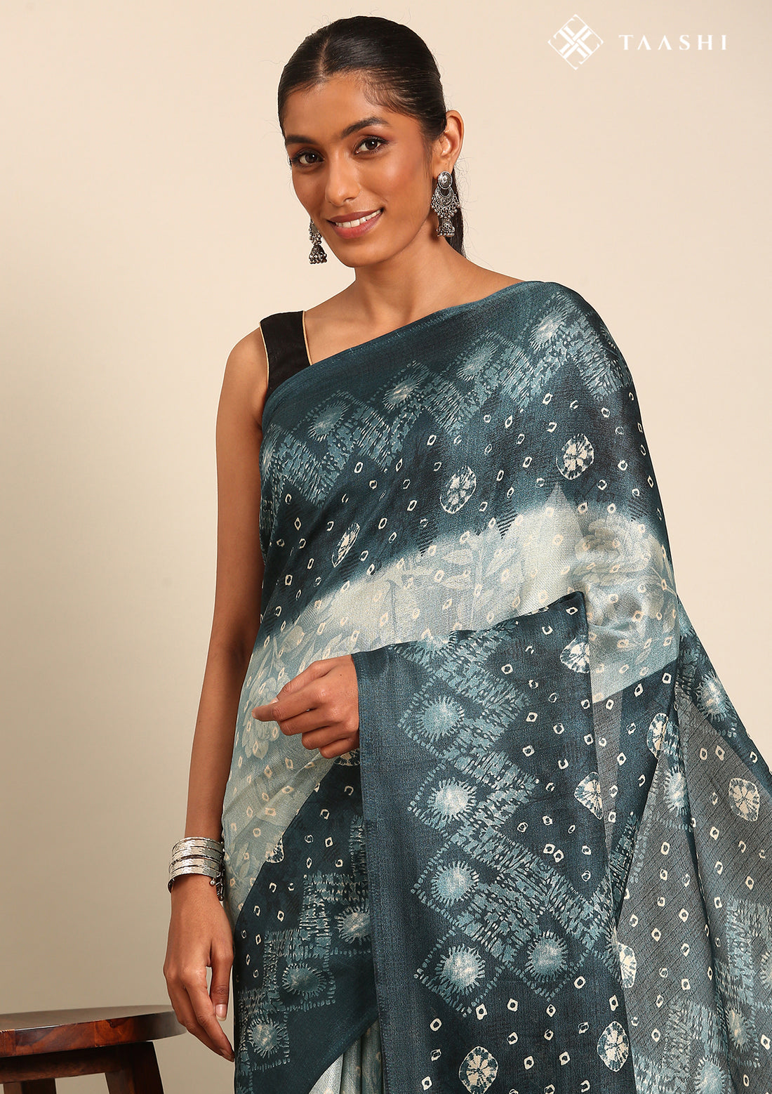 Teal Batik Printed Art Tussar Matka Silk Saree