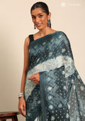 Teal Batik Printed Art Tussar Matka Silk Saree - Taashi