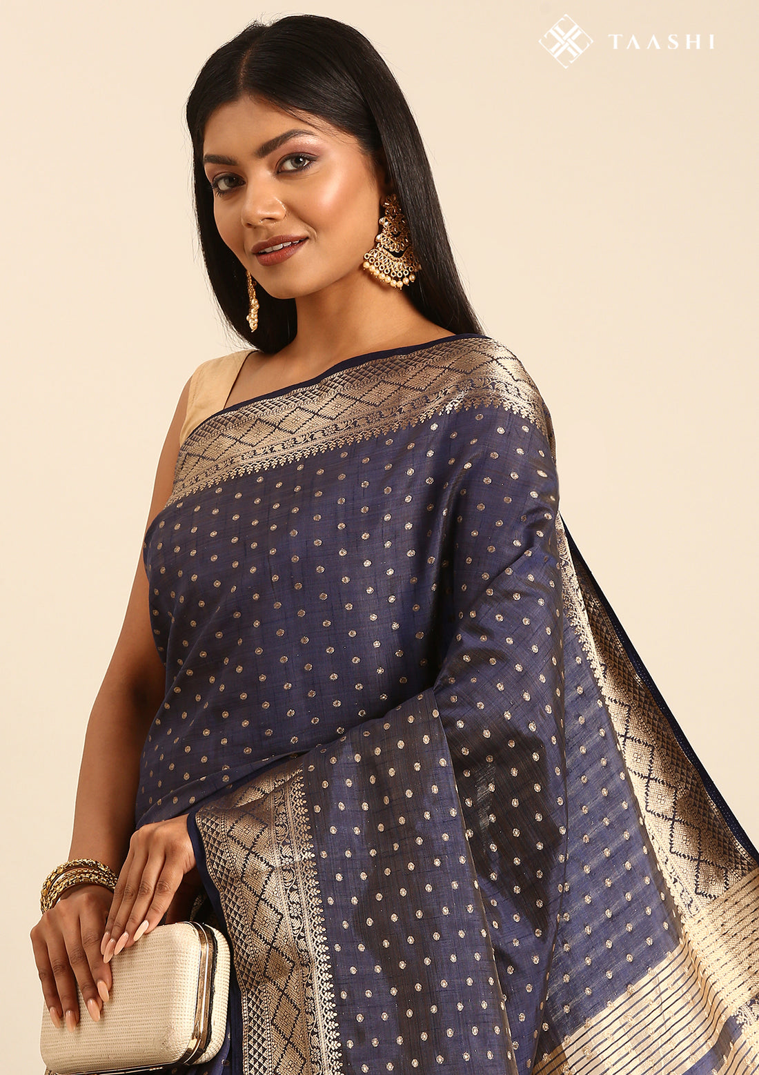 Dark Blue Traditional Zari Butta Woven Tussar Saree