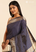 Dark Blue Traditional Zari Butta Woven Tussar Saree - Taashi