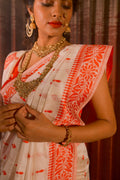 Red And Cream Traditional Bengoli Woven Tussar Saree - Taashi