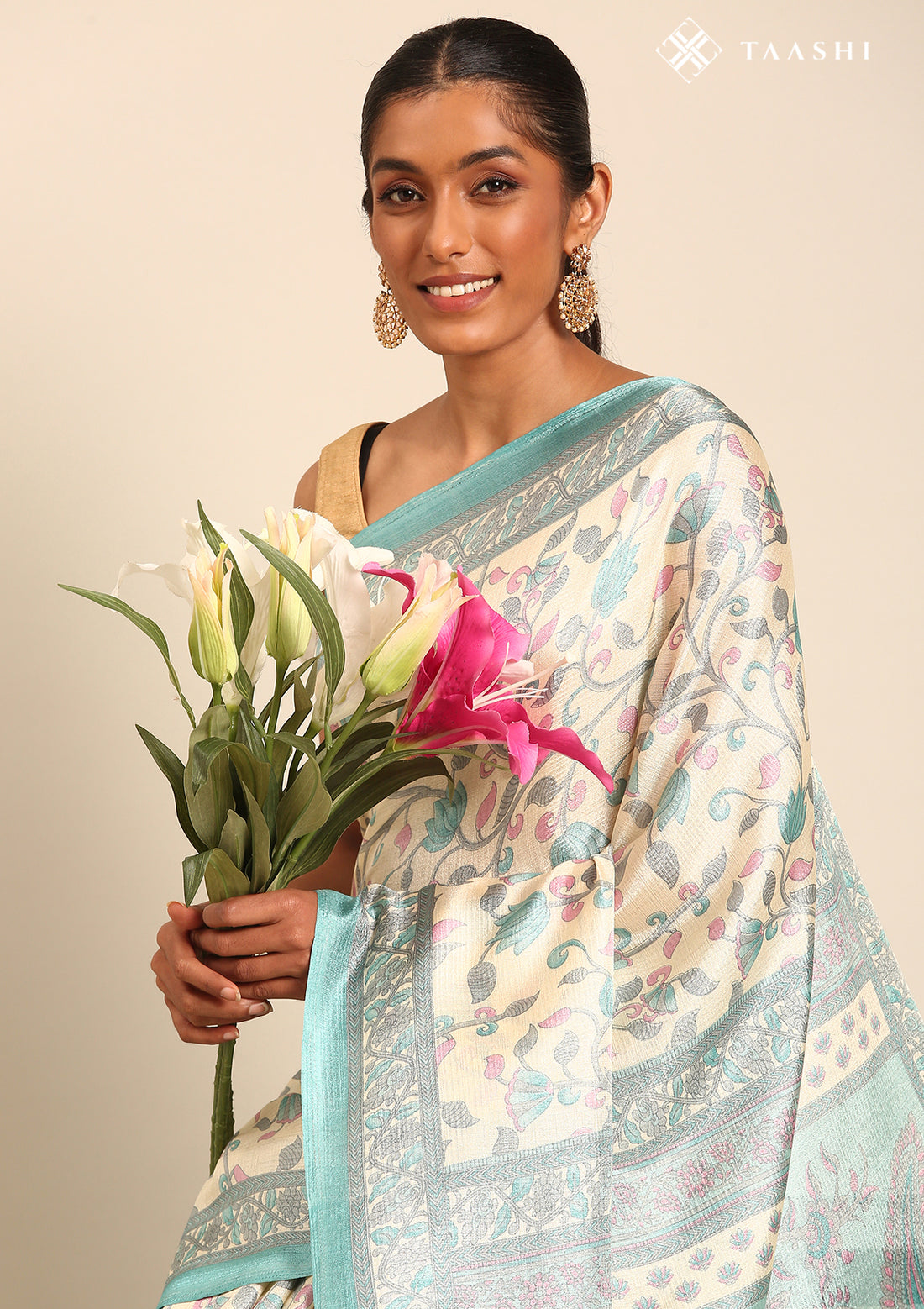 Cream And Teal Jaal Floral Printed Art Tussar Matka Silk Saree