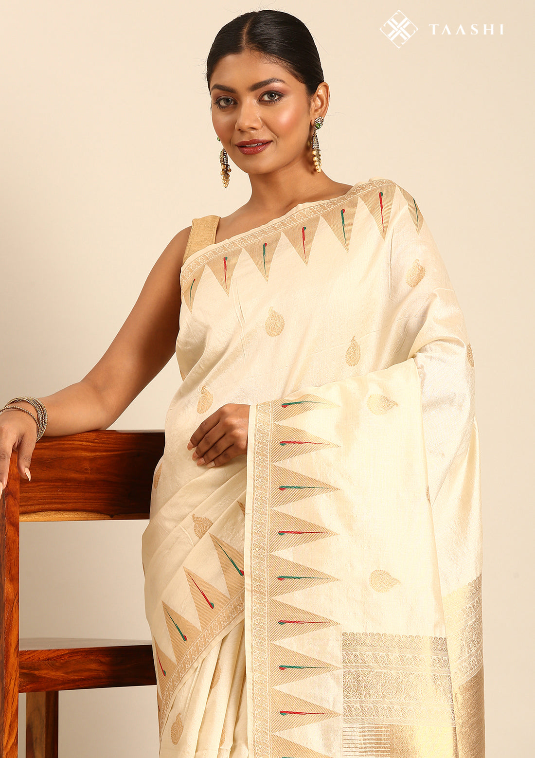 Cream Traditional Zari Woven Tussar Saree