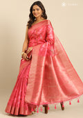 Pink Zari Woven And Floral Printed Organza Saree - Taashi
