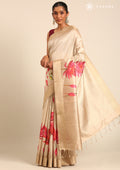 Beige Floral Printed Tussar Saree - Taashi