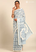 Cream And Blue Stylised A/O Paisley Pattern Linen Saree - Taashi