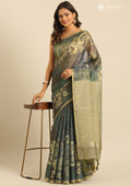 Sage Green Floral Print With Neutral Color Printed Tissue Saree - Taashi