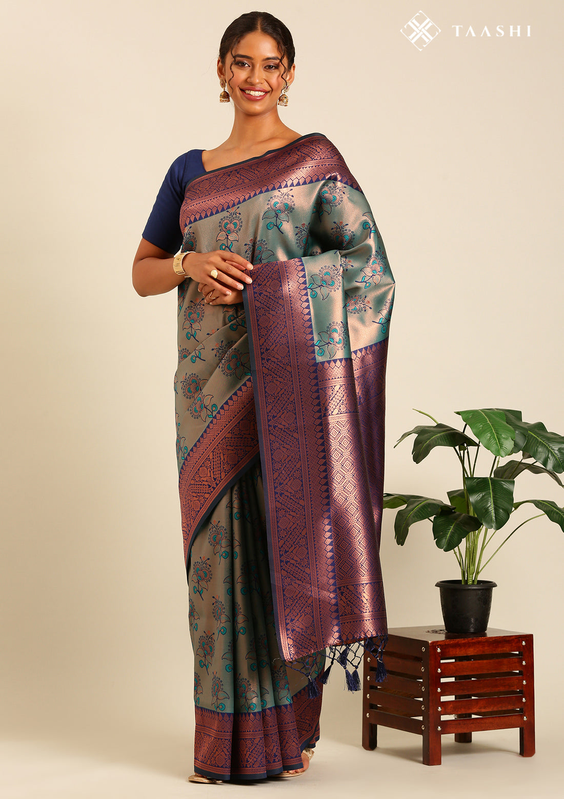 Green Saree With Gold Floral