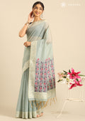 Pastel Blue Woven Butta Linen Saree - Taashi