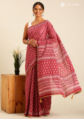 Maroon Batik Floral Butta Printed Cotton Saree - Taashi