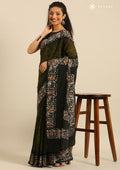 Olive Green And Black Batik Printed Cotton Saree - Taashi