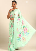 Pista Green A/O Floral Printed Satin Saree - Taashi