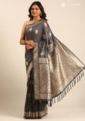 Dark Grey Floral Butta Pattern Tussar Saree - Taashi