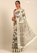 Sage Green Watercolor Floral Printed Tussar Saree - Taashi