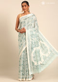 Cream And Sage Green Stylised A/O Paisley Pattern Linen Saree - Taashi