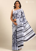 Navy Blue Floral Printed Art Tussar Matka Silk Saree - Taashi