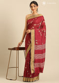 Dark Pink Bird Printed Tussar Saree - Taashi
