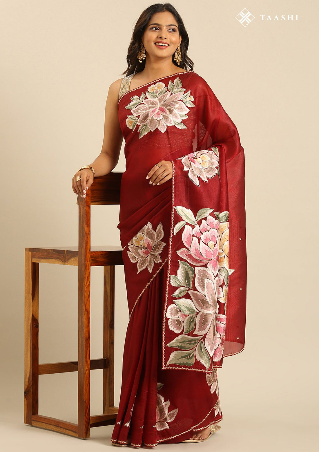 Maroon Organza Contemporary Embroidered Saree