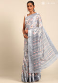Grey A/O Floral Printed Plaids Woven Line Saree - Taashi