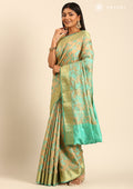 Beige And Turquoise Floral Woven Tussar Saree - Taashi