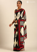 Black And Cream Geometric Printed Chiffon Saree - Taashi