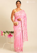 Pink Floral Embroiderd Linen Saree - Taashi