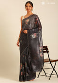 Metallic Charcoal Printed And EmbroideRed Organza Saree - Taashi