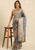 Metallic Dusty Blue Nature InspiRed Embroiderd Tissue Saree - Taashi