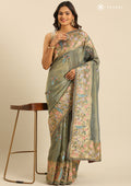 Metallic Dusty Green Nature InspiRed Embroiderd Tissue Saree - Taashi