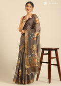 Dusty Dark Grey Floral Printed Tussar Saree - Taashi