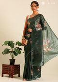 Metallic Dark Green Printed And EmbroideRed Organza Saree - Taashi