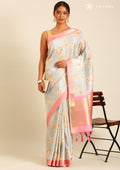 Blue And Pink Floral Printed Tissue Organza Saree - Taashi