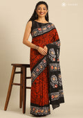 Orange And Black Batik Printed Cotton Saree - Taashi