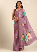 Purple Floral Digital Printed Crepe Saree - Taashi