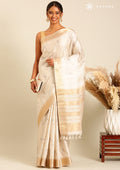 Cream TextuRed Grey Floral Printed With Foil Butta Work Printed Tussar Saree - Taashi