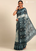Teal Batik Printed Art Tussar Matka Silk Saree - Taashi